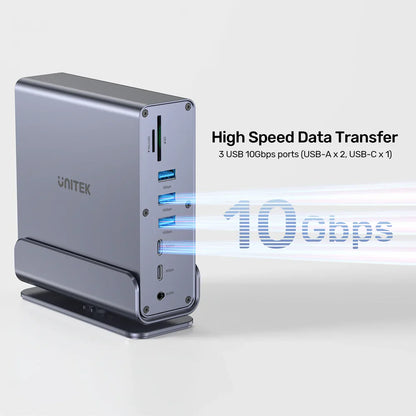 Unitek D1135A Universal DisplayLink Triple 4K Docking Station | 15-in-1 USB-C/USB-A Hub | 3x 4K@60Hz Displays | 100W PD | Gigabit Ethernet | SD/MicroSD | Audio Jack