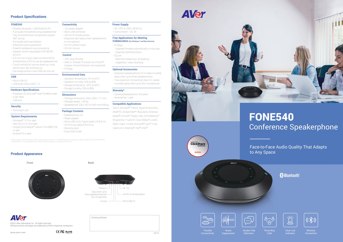 AVer FONE540 USB & Bluetooth Conference Speakerphone | Daisy-Chainable | 360° Mic Pickup | Noise Suppression | 3-Way Calling | Web UI Control