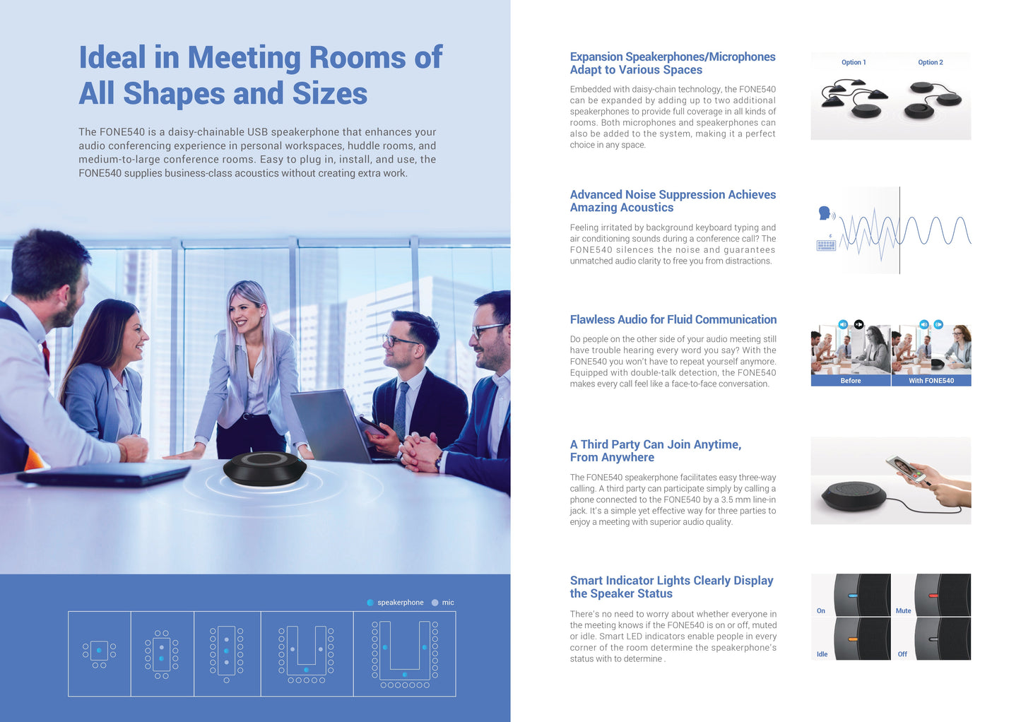 AVer FONE540 USB & Bluetooth Conference Speakerphone | Daisy-Chainable | 360° Mic Pickup | Noise Suppression | 3-Way Calling | Web UI Control