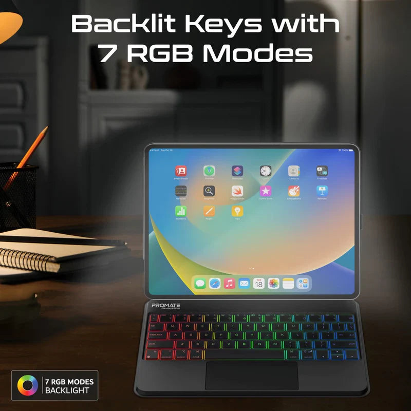 Promate FlexKeys-11Pro Folio Touch Wireless iPad Keyboard Case with Backlight and Smart Connector