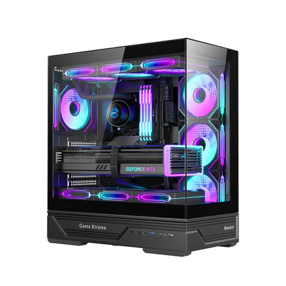 Huntkey GX760A Fortune ATX Gaming PC Case | Dual Tempered Glass Full View | Supports ATX/M-ATX/Mini-ITX | Up to 10 Fans & 360mm Liquid Cooling | 400mm GPU Clearance (Fans Not Included)