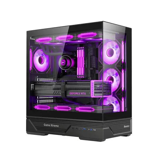 Huntkey GX760A Fortune ATX Gaming PC Case | Dual Tempered Glass Full View | Supports ATX/M-ATX/Mini-ITX | Up to 10 Fans & 360mm Liquid Cooling | 400mm GPU Clearance (Fans Not Included)