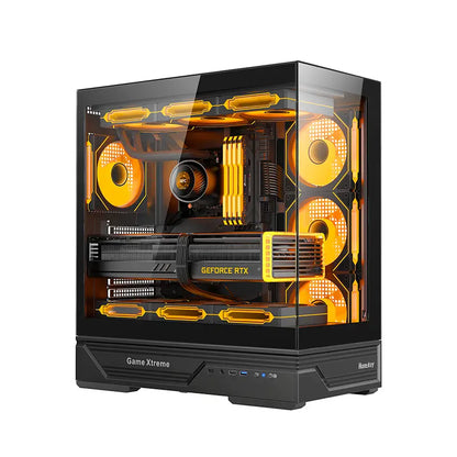 Huntkey GX760A Fortune ATX Gaming PC Case | Dual Tempered Glass Full View | Supports ATX/M-ATX/Mini-ITX | Up to 10 Fans & 360mm Liquid Cooling | 400mm GPU Clearance (Fans Not Included)