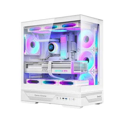 Huntkey GX760A Fortune ATX Gaming PC Case | Dual Tempered Glass Full View | Supports ATX/M-ATX/Mini-ITX | Up to 10 Fans & 360mm Liquid Cooling | 400mm GPU Clearance (Fans Not Included)