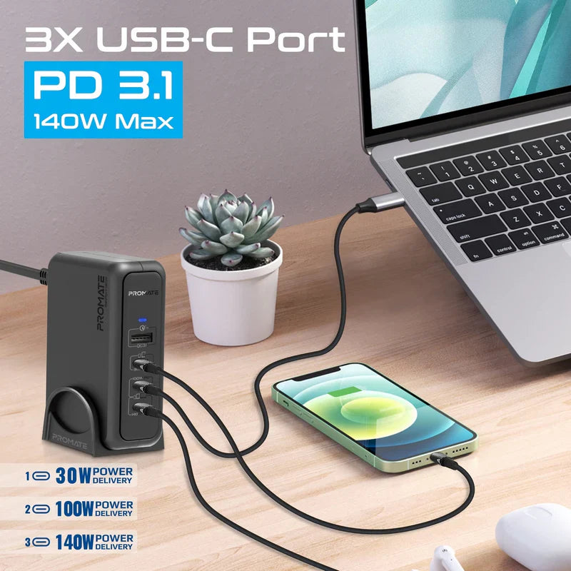 Promate 140W Super-Speed GaNFast Charging Station with Power Delivery 3.1 & Quick Charge 3.0