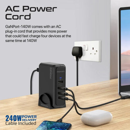 Promate 140W Super-Speed GaNFast Charging Station with Power Delivery 3.1 & Quick Charge 3.0