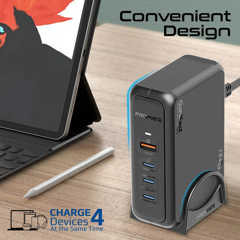 Promate 140W Super-Speed GaNFast Charging Station with Power Delivery 3.1 & Quick Charge 3.0