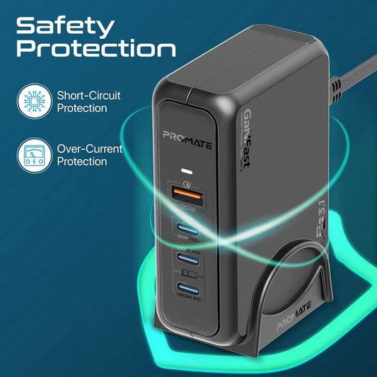 Promate 140W Super-Speed GaNFast Charging Station with Power Delivery 3.1 & Quick Charge 3.0