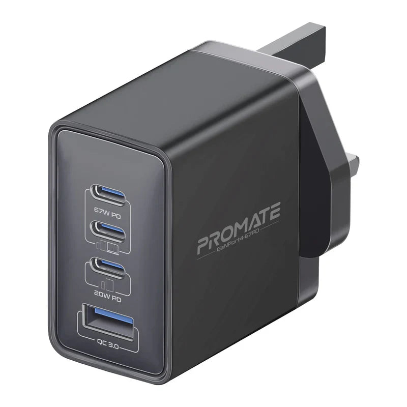 Promate GaNPort4-67PD 67W Power Delivery GaNFast Charger with Quick Charge 3.0