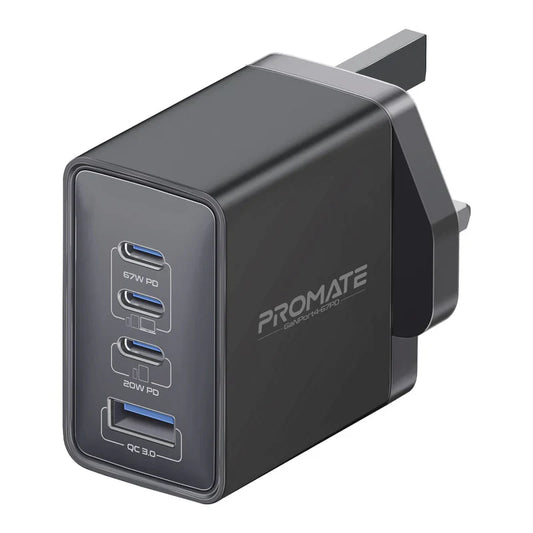 Promate GaNPort4-67PD 67W Power Delivery GaNFast Charger with Quick Charge 3.0