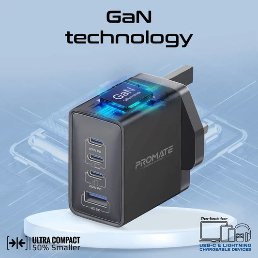 Promate GaNPort4-67PD 67W Power Delivery GaNFast Charger with Quick Charge 3.0