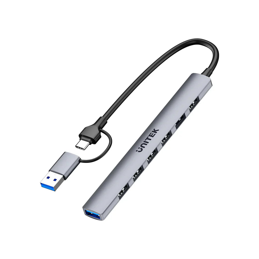 Unitek uHUB S7 7-in-1 USB Hub | 1x USB-A 5Gbps | 6x USB-A 480Mbps | USB-C Input with USB-A Adapter | Aluminum Alloy | Compact Design | Plug & Play
