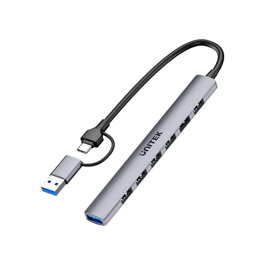 Unitek uHUB S7 7-in-1 USB Hub | 1x USB-A 5Gbps | 6x USB-A 480Mbps | USB-C Input with USB-A Adapter | Aluminum Alloy | Compact Design | Plug & Play