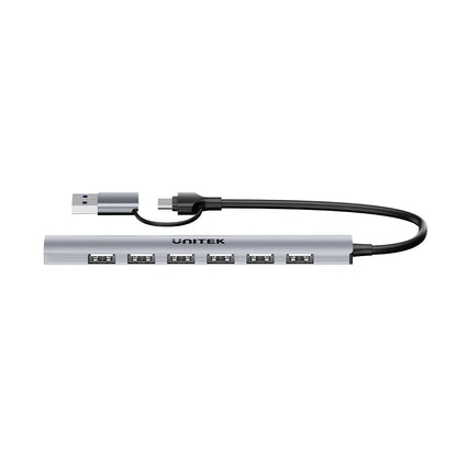 Unitek uHUB S7 7-in-1 USB Hub | 1x USB-A 5Gbps | 6x USB-A 480Mbps | USB-C Input with USB-A Adapter | Aluminum Alloy | Compact Design | Plug & Play