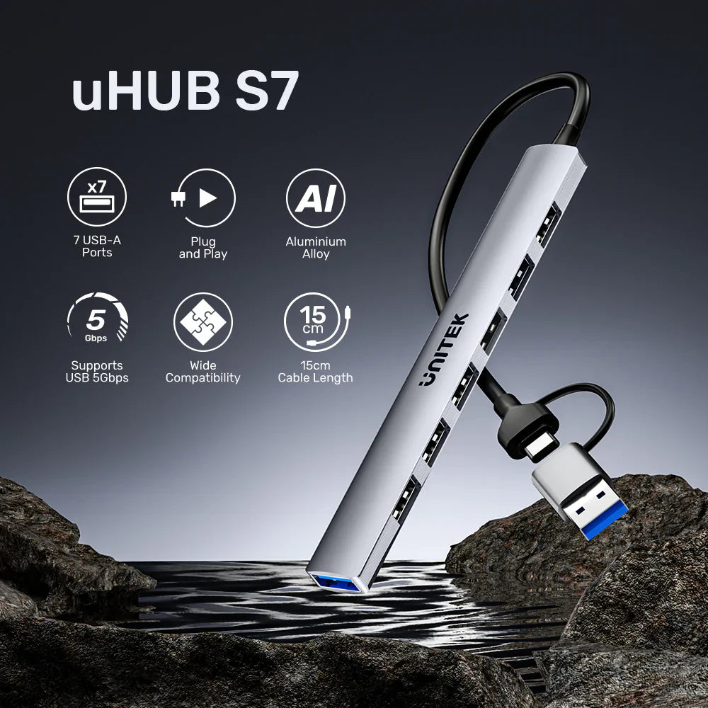 Unitek uHUB S7 7-in-1 USB Hub | 1x USB-A 5Gbps | 6x USB-A 480Mbps | USB-C Input with USB-A Adapter | Aluminum Alloy | Compact Design | Plug & Play