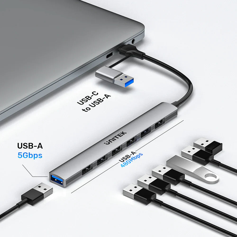 Unitek uHUB S7 7-in-1 USB Hub | 1x USB-A 5Gbps | 6x USB-A 480Mbps | USB-C Input with USB-A Adapter | Aluminum Alloy | Compact Design | Plug & Play