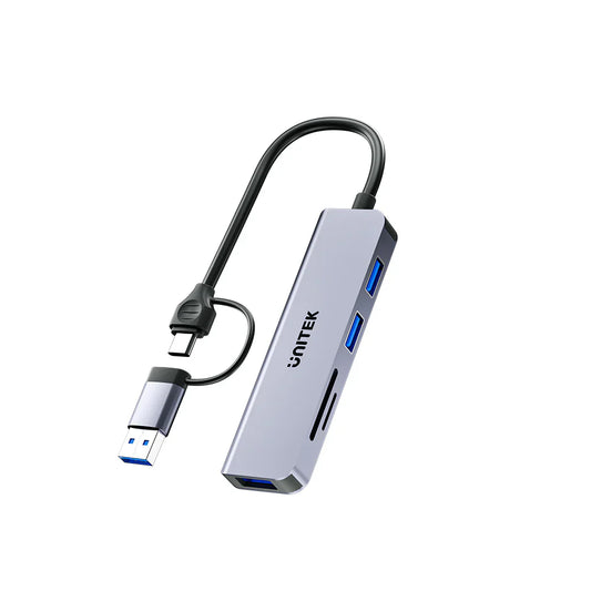 Unitek uHUB P5+ 5-in-1 USB Hub | 3x USB-A 5Gbps Ports | SD & MicroSD Card Readers | USB-C/USB-A Dual Interface | Aluminum Alloy | Compact Design