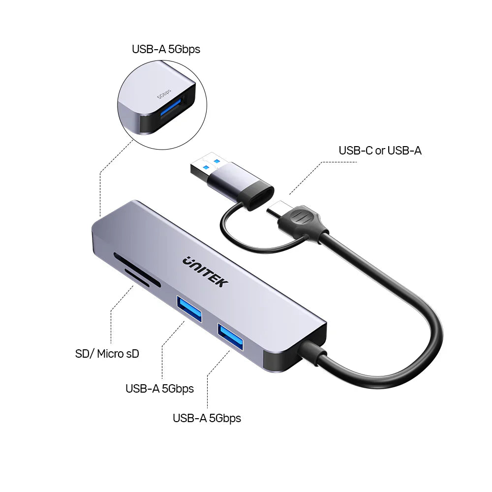 Unitek uHUB P5+ 5-in-1 USB Hub | 3x USB-A 5Gbps Ports | SD & MicroSD Card Readers | USB-C/USB-A Dual Interface | Aluminum Alloy | Compact Design