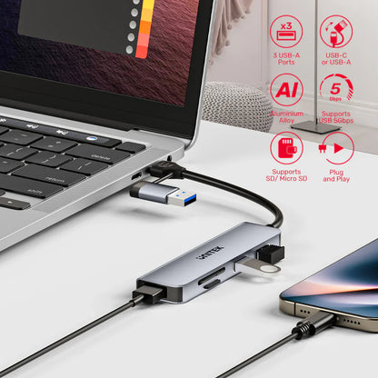 Unitek uHUB P5+ 5-in-1 USB Hub | 3x USB-A 5Gbps Ports | SD & MicroSD Card Readers | USB-C/USB-A Dual Interface | Aluminum Alloy | Compact Design