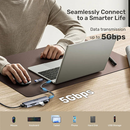 Unitek uHUB P5+ 5-in-1 USB Hub | 3x USB-A 5Gbps Ports | SD & MicroSD Card Readers | USB-C/USB-A Dual Interface | Aluminum Alloy | Compact Design