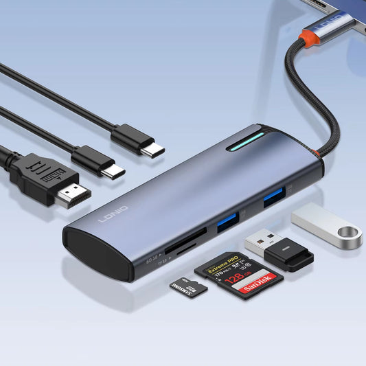 LDNIO DS-17H 7-in-1 USB-C Hub Multiport Docking Station | 4K HDMI | USB 3.0 | RJ45 Ethernet | SD/TF Card Reader & PD Fast Charging | Type-C Adapter for Laptop & MacBook