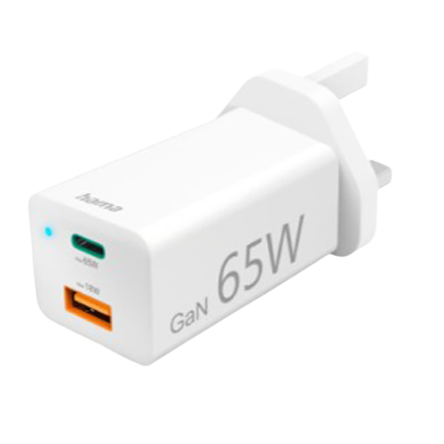 Hama UK Fast Charger | USB-C | PD / Qualcomm / GaN | Mini-Charger | 65 W | white