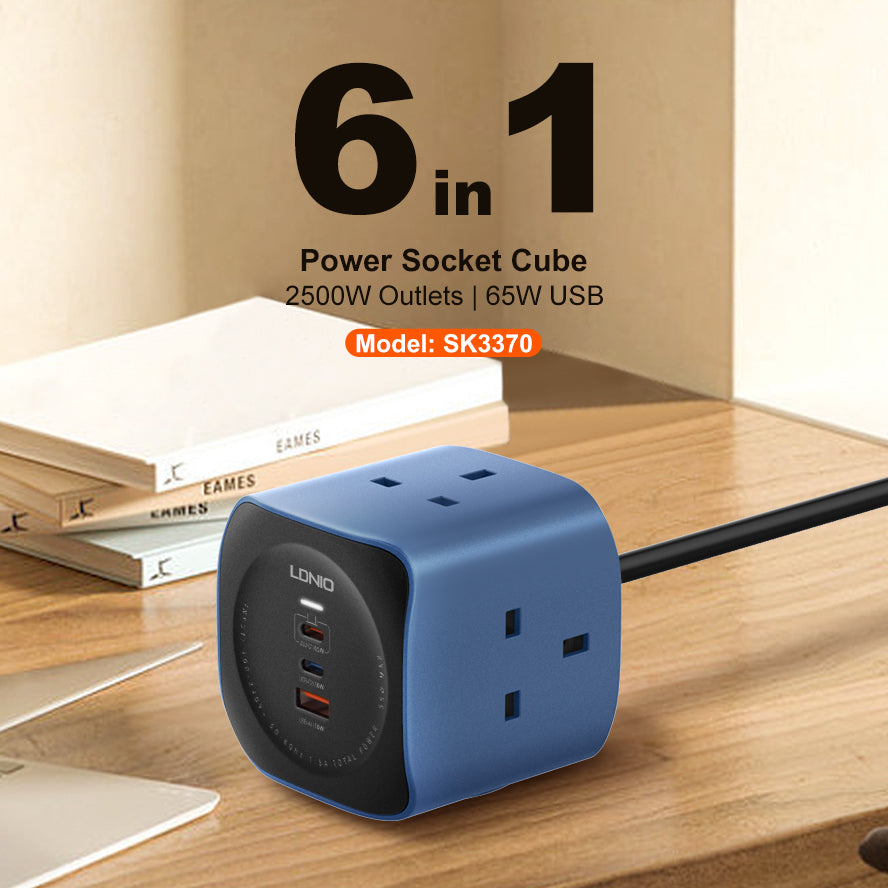 LDNIO SK3370 6-in-1 Power Socket Cube with 65W PD Fast Charging | 3 AC Outlets | USB-C & USB-A Ports | UK Plug Extension | Compact Power Strip for Home & Office