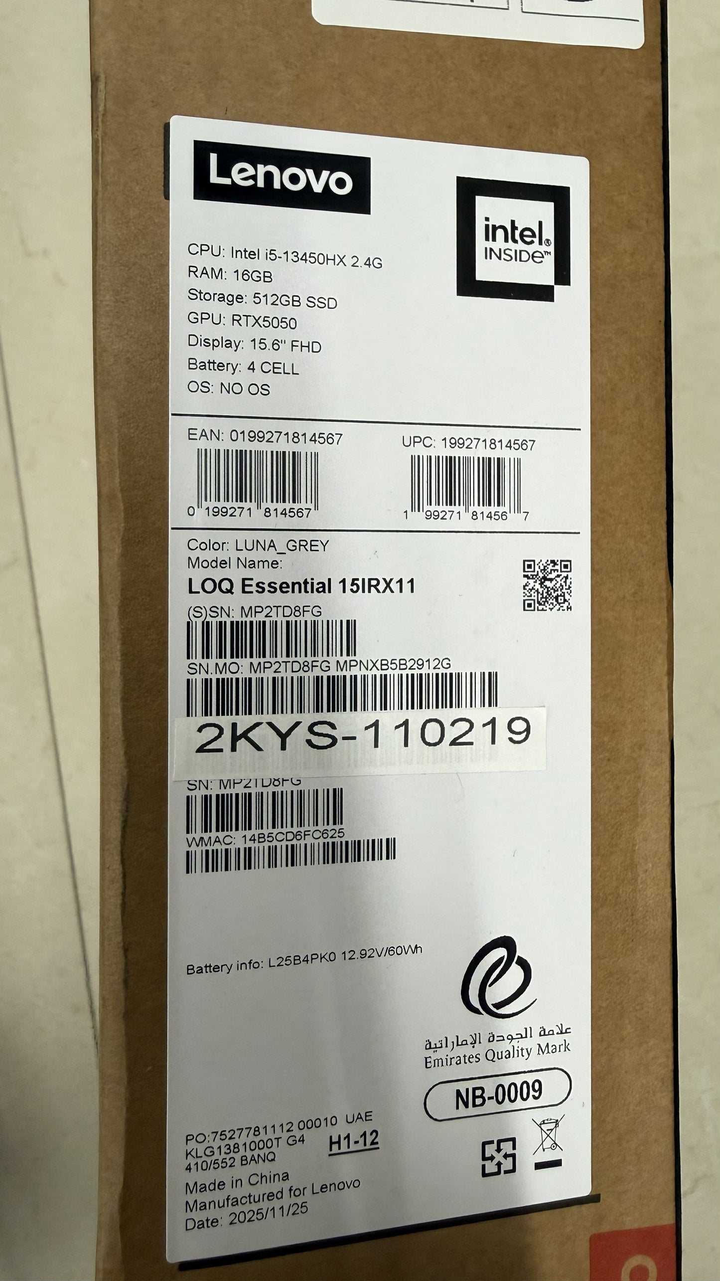 Lenovo LOQ Essential 15IRX11 | (2KUS-110219) Intel Core i5-13450HX | RAM 16GB | 512GB | RTX 5050 8GB | 15.6 Inch FHD 144Hz | Luna Gray