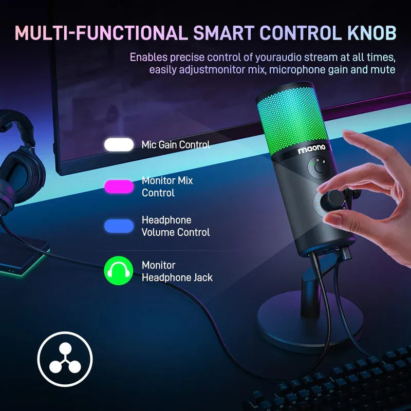 MAONO DM50 USB Condenser Microphone | 3 Polar Patterns | Smart Knob | RGB | Plug and Play for Streaming and Recording