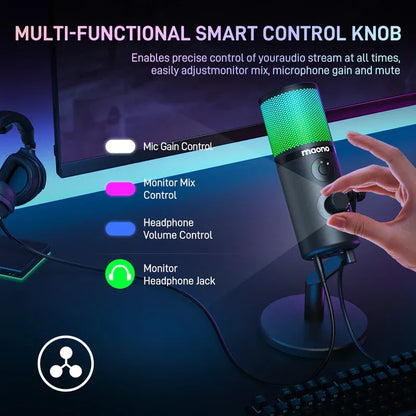 MAONO DM50 USB Condenser Microphone | 3 Polar Patterns | Smart Knob | RGB | Plug and Play for Streaming and Recording