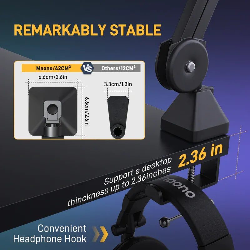 MAONO BA37 Microphone Boom Arm | Heavy-Duty Adjustable Desk Stand | Upgraded C-Clamp | 3/8″ | 5/8″ Adapter | Cable Management