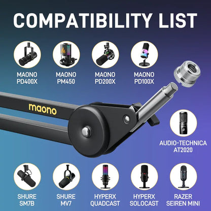 MAONO BA37 Microphone Boom Arm | Heavy-Duty Adjustable Desk Stand | Upgraded C-Clamp | 3/8″ | 5/8″ Adapter | Cable Management