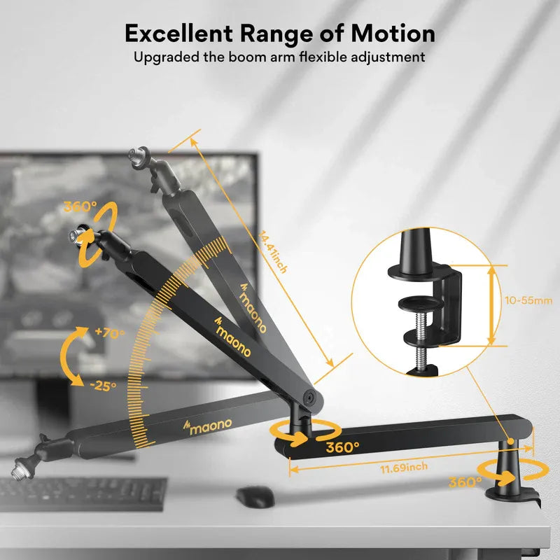 MAONO BA92 Adjustable Microphone Arm Stand | Heavy-Duty Metal Boom with 360° Rotation | Shock Absorber & Desk Clamp for Podcast | Studio | Streaming