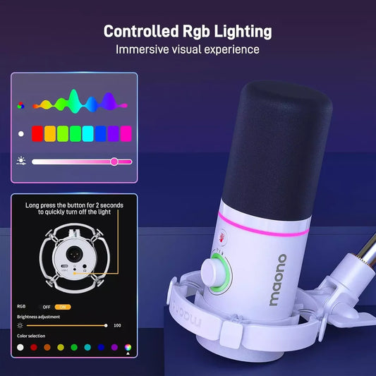 MAONO PD200X White Dynamic USB/XLR Microphone | Studio-Grade Streaming Mic with RGB Light | Gain Control & Zero-Latency Monitoring for Podcast | Gaming