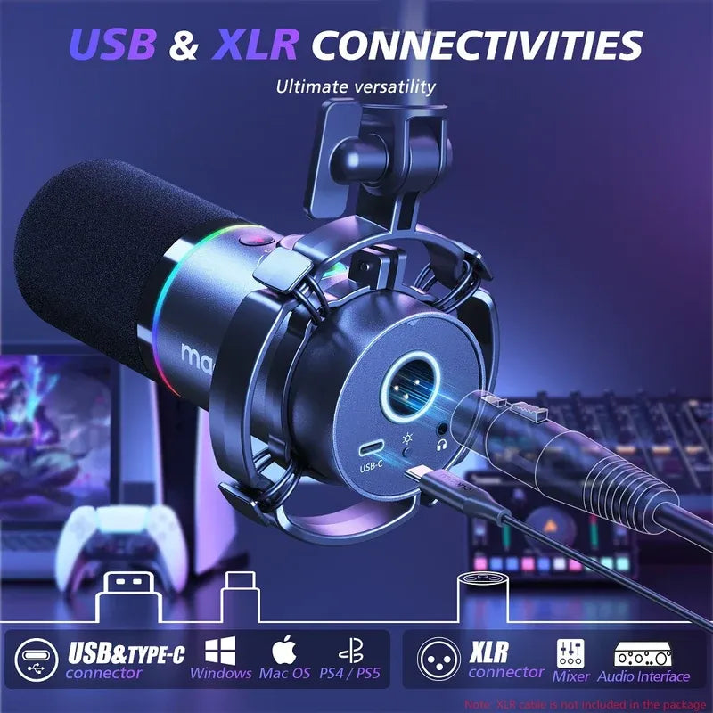 MAONO PD200X White Dynamic USB/XLR Microphone | Studio-Grade Streaming Mic with RGB Light | Gain Control & Zero-Latency Monitoring for Podcast | Gaming