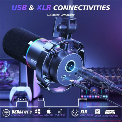MAONO PD200X White Dynamic USB/XLR Microphone | Studio-Grade Streaming Mic with RGB Light | Gain Control & Zero-Latency Monitoring for Podcast | Gaming