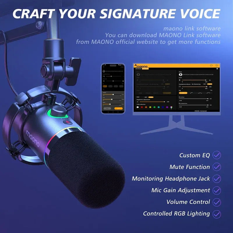 MAONO PD200X White Dynamic USB/XLR Microphone | Studio-Grade Streaming Mic with RGB Light | Gain Control & Zero-Latency Monitoring for Podcast | Gaming