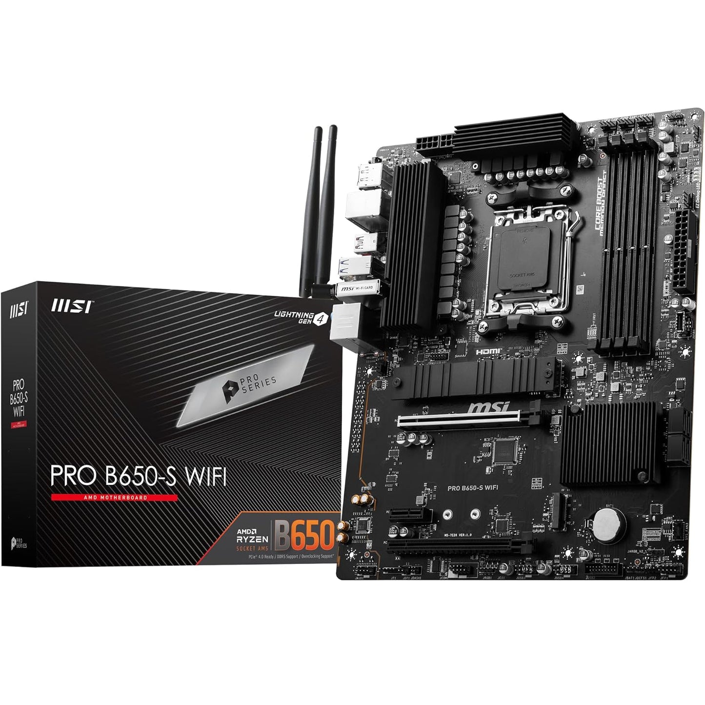 MSI PRO B650-S WiFi ProSeries Motherboard (AMD AM5 | ATX | DDR5 | PCIe 4.0 | M.2 | SATA 6Gb/s | USB 3.2 Gen 2 | HDMI/DP | Wi-Fi 6E | AMD Ryzen 7000 Series Desktop Processors)