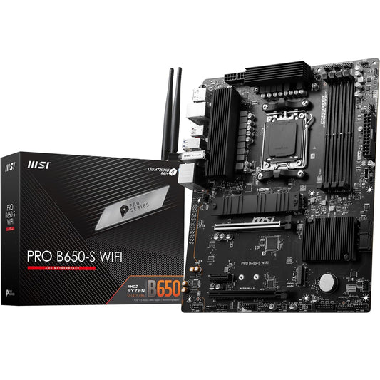 MSI PRO B650-S WiFi ProSeries Motherboard (AMD AM5 | ATX | DDR5 | PCIe 4.0 | M.2 | SATA 6Gb/s | USB 3.2 Gen 2 | HDMI/DP | Wi-Fi 6E | AMD Ryzen 7000 Series Desktop Processors)