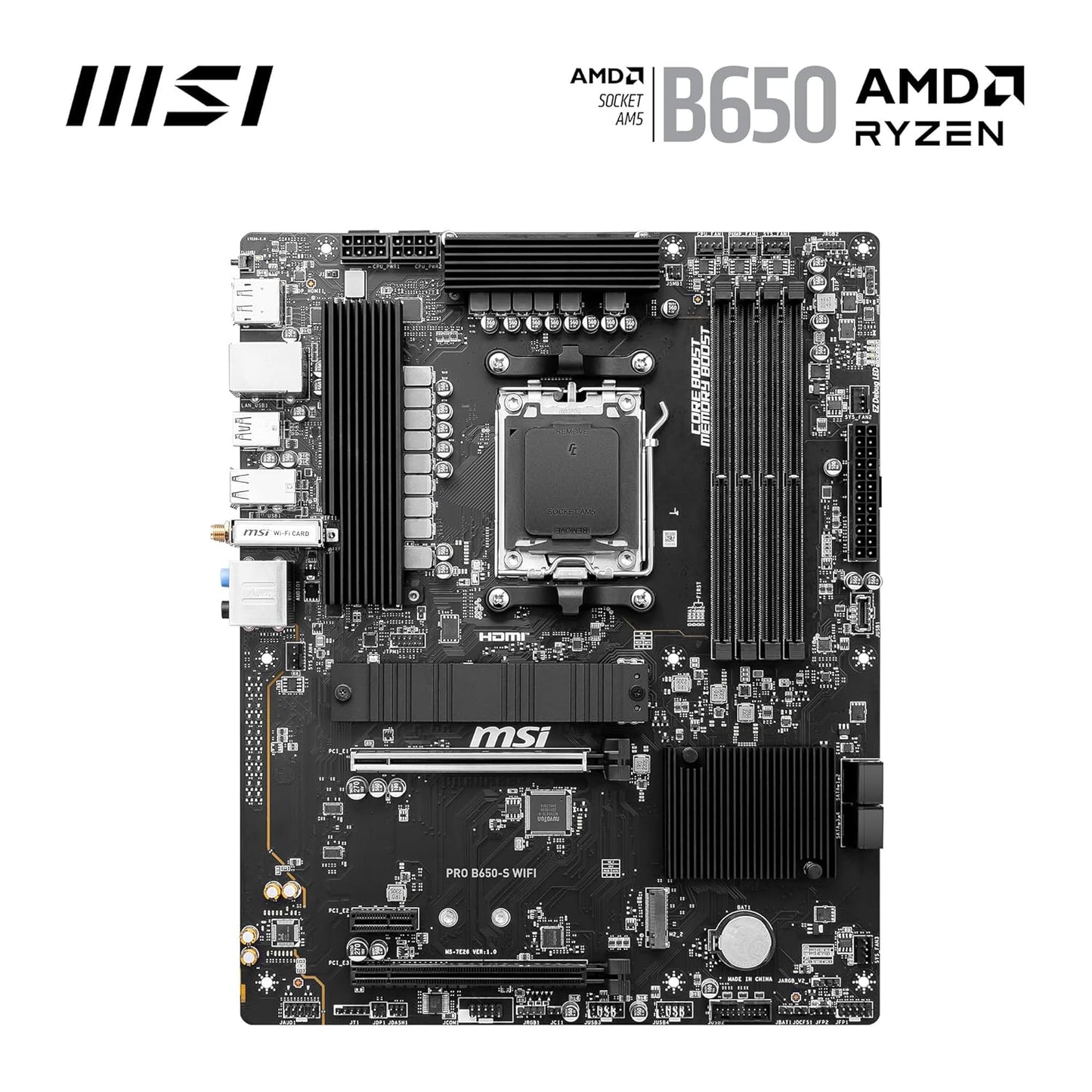 MSI PRO B650-S WiFi ProSeries Motherboard (AMD AM5 | ATX | DDR5 | PCIe 4.0 | M.2 | SATA 6Gb/s | USB 3.2 Gen 2 | HDMI/DP | Wi-Fi 6E | AMD Ryzen 7000 Series Desktop Processors)