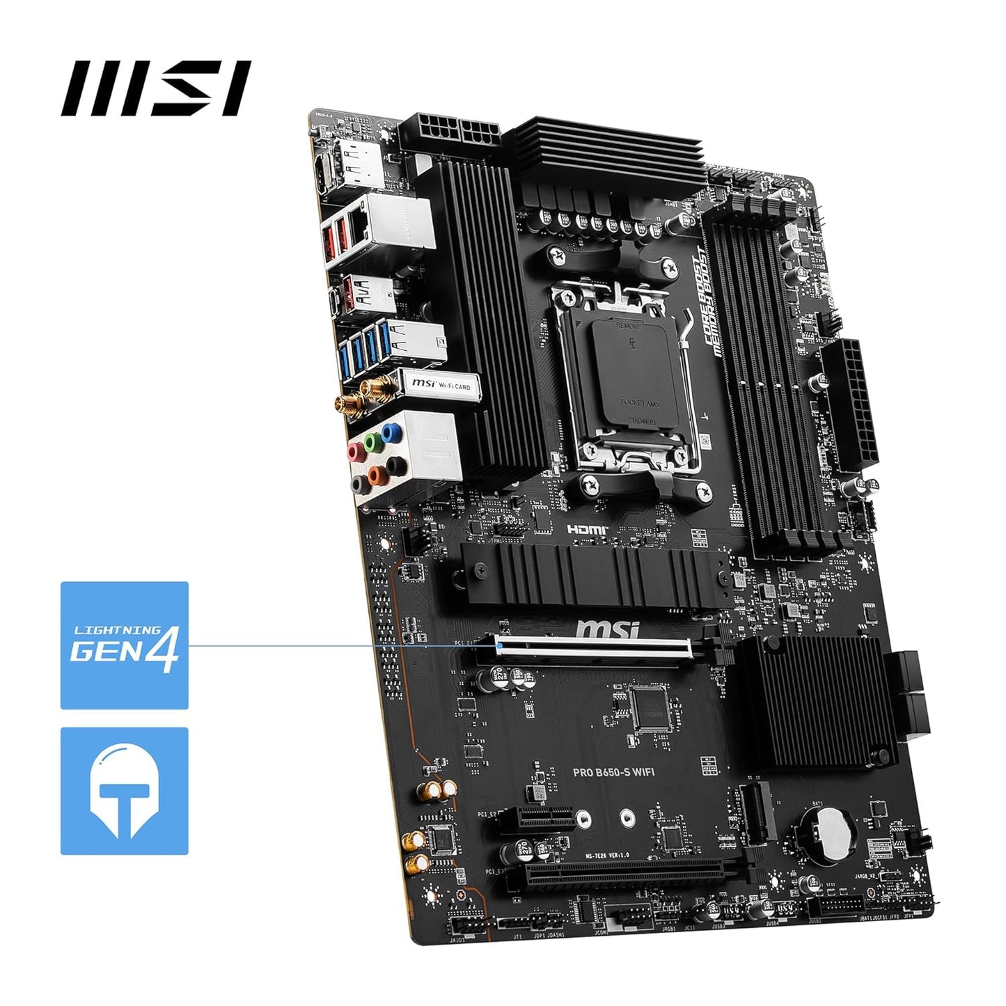 MSI PRO B650-S WiFi ProSeries Motherboard (AMD AM5 | ATX | DDR5 | PCIe 4.0 | M.2 | SATA 6Gb/s | USB 3.2 Gen 2 | HDMI/DP | Wi-Fi 6E | AMD Ryzen 7000 Series Desktop Processors)