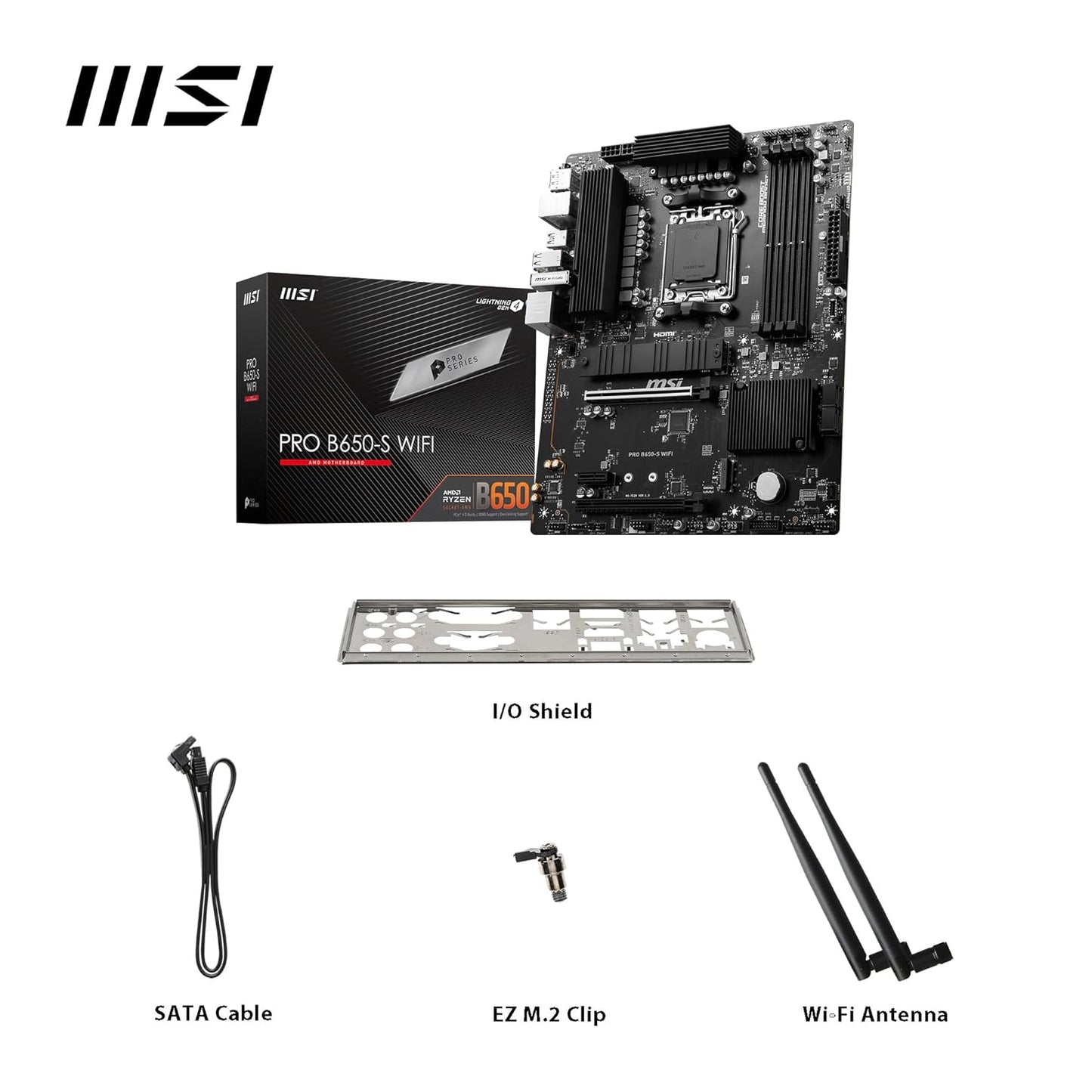 MSI PRO B650-S WiFi ProSeries Motherboard (AMD AM5 | ATX | DDR5 | PCIe 4.0 | M.2 | SATA 6Gb/s | USB 3.2 Gen 2 | HDMI/DP | Wi-Fi 6E | AMD Ryzen 7000 Series Desktop Processors)
