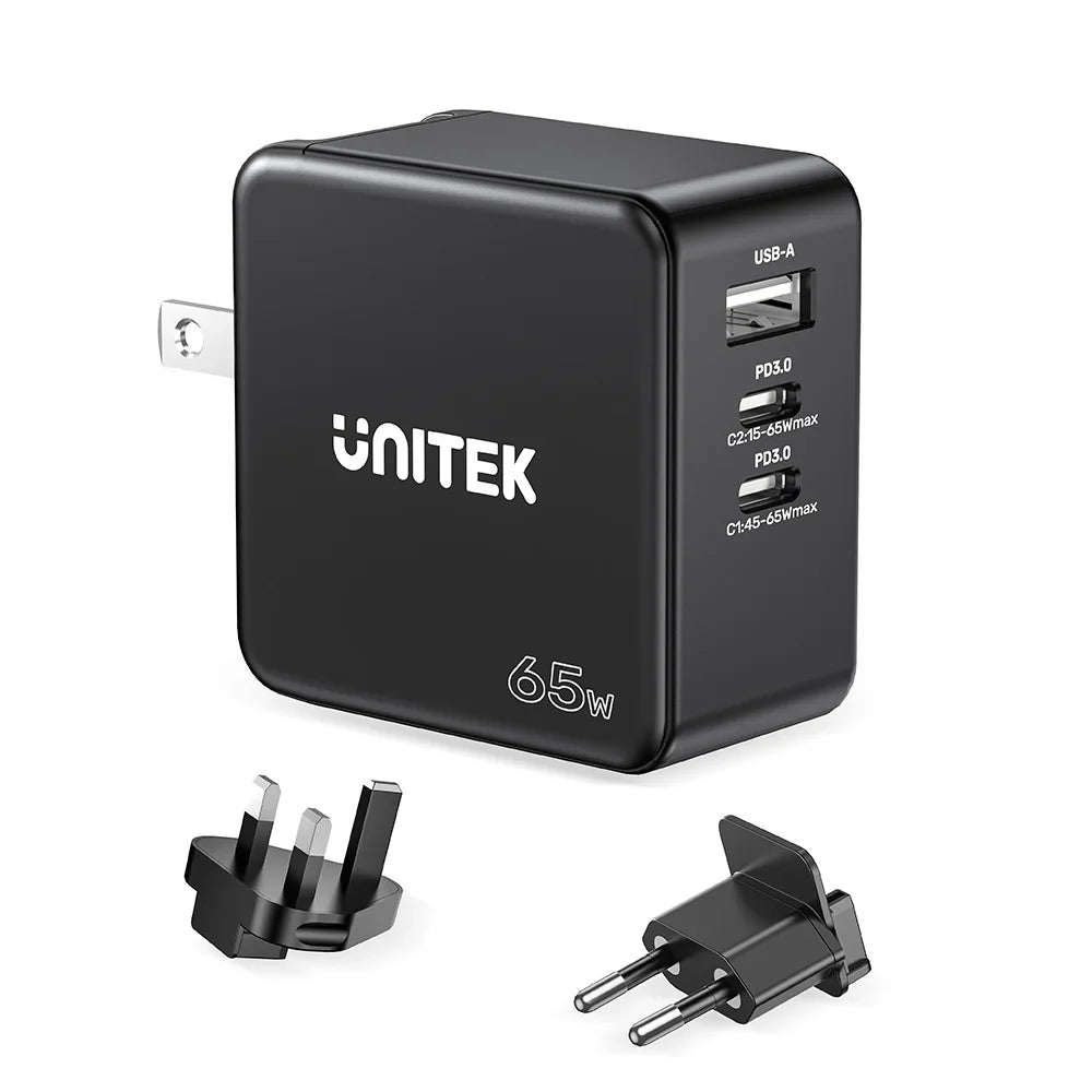 Unitek 65W GaN Travel Charger | Dual USB-C PD & USB-A QC 3.0 Ports | Compact Design | EU & UK Plug Adapters | Model P1117B