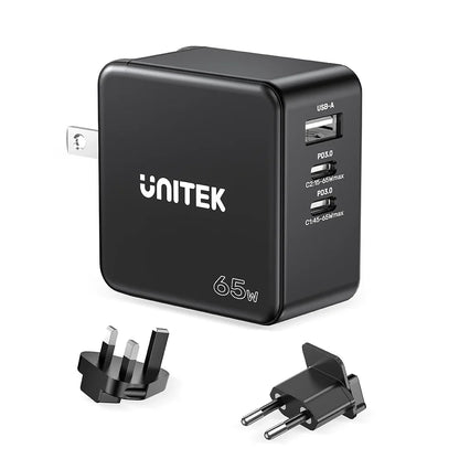 Unitek 65W GaN Travel Charger | Dual USB-C PD & USB-A QC 3.0 Ports | Compact Design | EU & UK Plug Adapters | Model P1117B