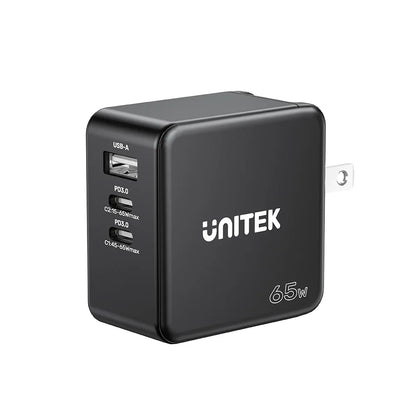 Unitek 65W GaN Travel Charger | Dual USB-C PD & USB-A QC 3.0 Ports | Compact Design | EU & UK Plug Adapters | Model P1117B