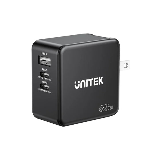 Unitek 65W GaN Travel Charger | Dual USB-C PD & USB-A QC 3.0 Ports | Compact Design | EU & UK Plug Adapters | Model P1117B