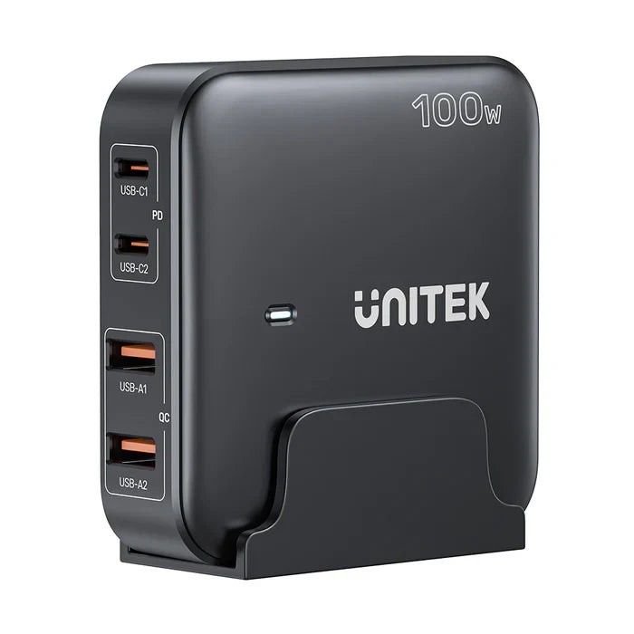 UNITEK 100W GaN Desktop Charger | 4-Port Fast Charging Station with Dual USB-C & USB-A | Multi Device Charging Hub with PD & QC Support