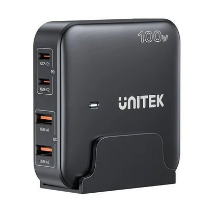 UNITEK 100W GaN Desktop Charger | 4-Port Fast Charging Station with Dual USB-C & USB-A | Multi Device Charging Hub with PD & QC Support