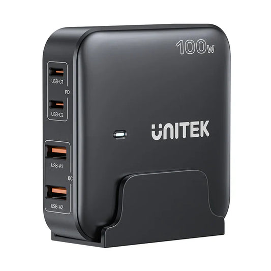 UNITEK 100W GaN Desktop Charger | 4-Port Fast Charging Station with Dual USB-C & USB-A | Multi Device Charging Hub with PD & QC Support