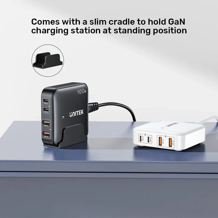 UNITEK 100W GaN Desktop Charger | 4-Port Fast Charging Station with Dual USB-C & USB-A | Multi Device Charging Hub with PD & QC Support